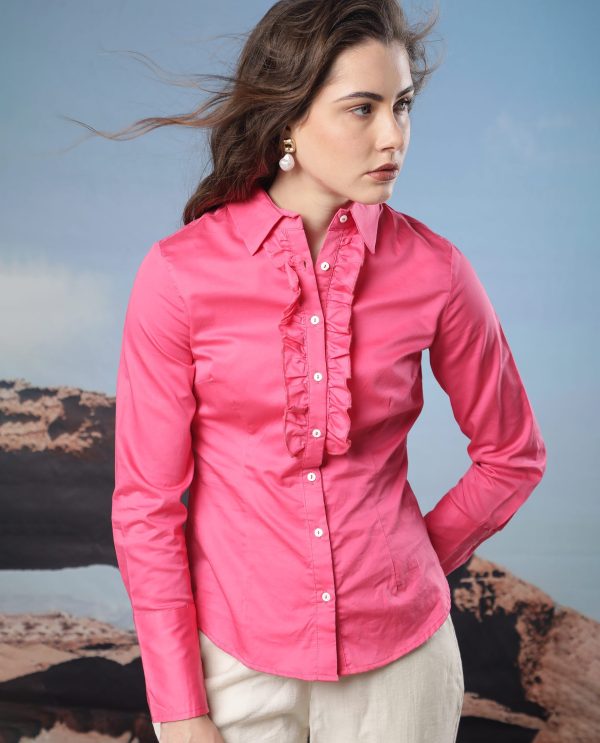 Light Pink Cotton Fabric Regular Fit Shirt Collar Full Sleeves Solid Top