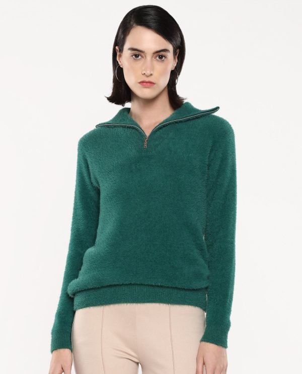 Green Full Sleeve High Neck Plain Sweater
