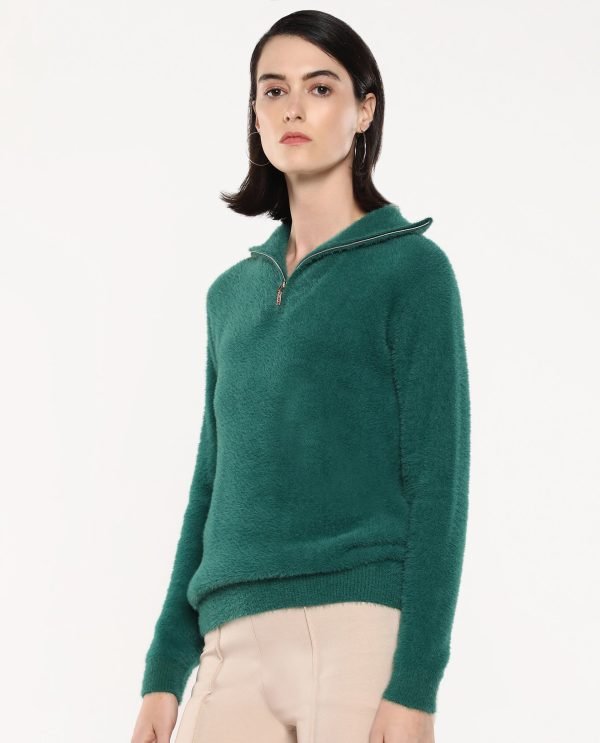 Green Full Sleeve High Neck Plain Sweater
