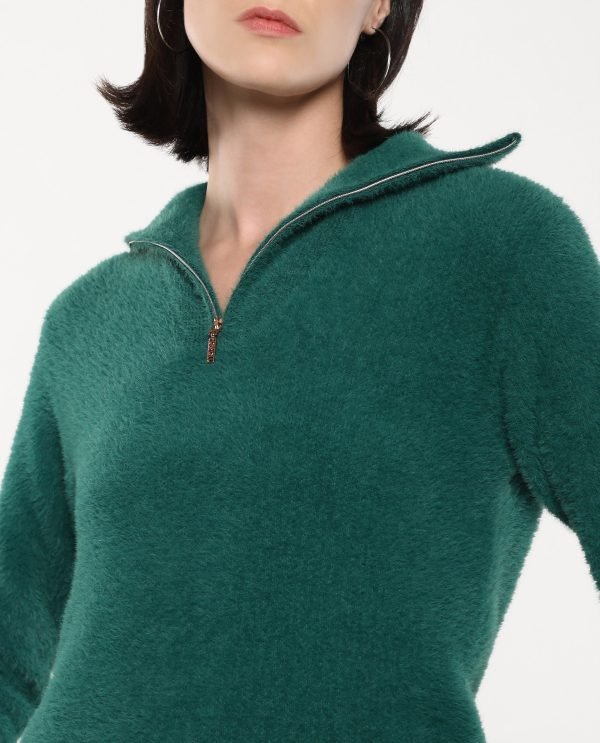 Green Full Sleeve High Neck Plain Sweater