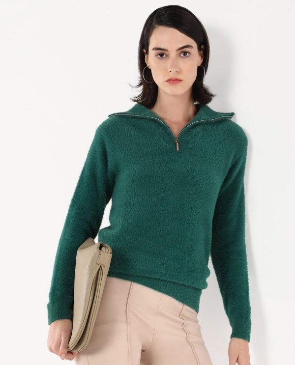 Green Full Sleeve High Neck Plain Sweater
