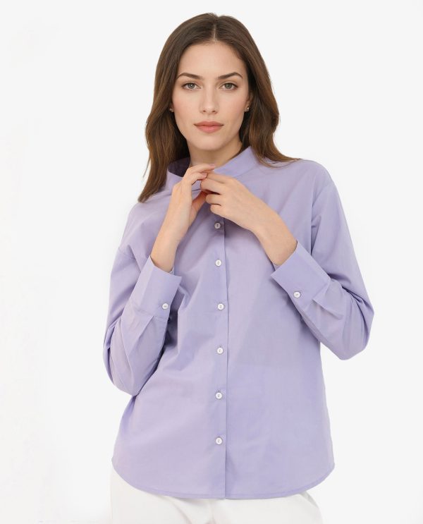 Purple Cotton Fabric Mandarin Collar Solid Shirt