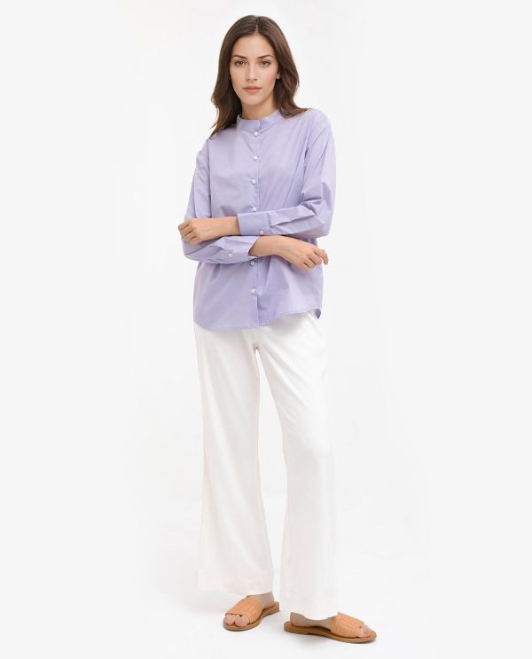 Purple Cotton Fabric Mandarin Collar Solid Shirt