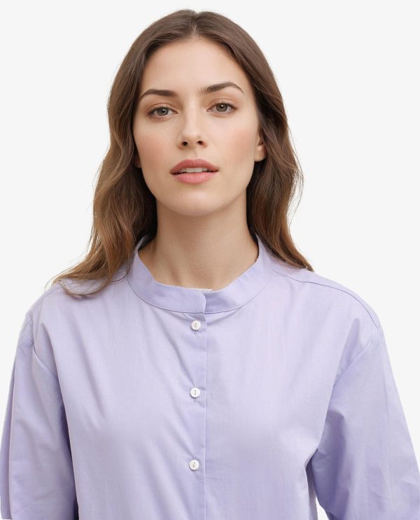 Purple Cotton Fabric Mandarin Collar Solid Shirt