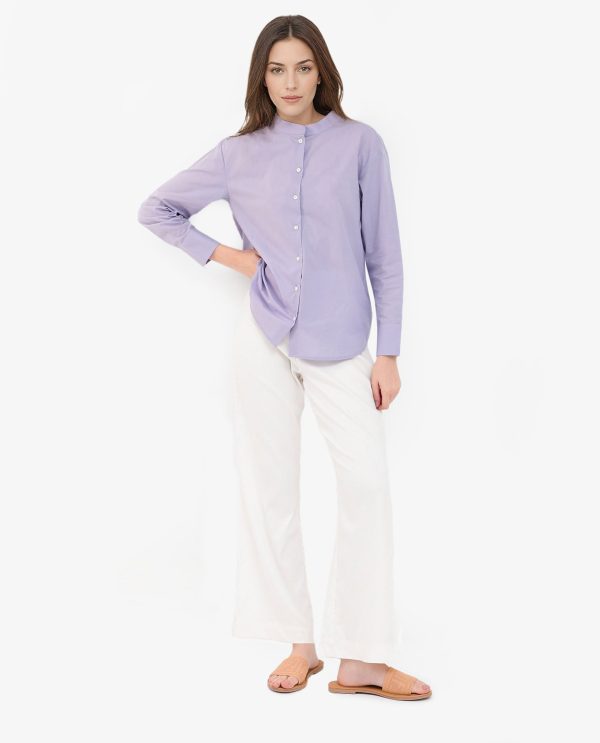 Purple Cotton Fabric Mandarin Collar Solid Shirt