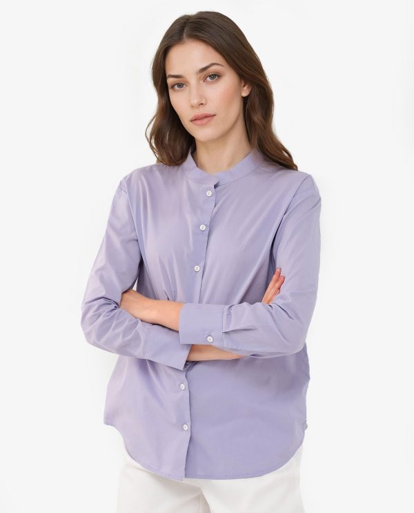 Purple Cotton Fabric Mandarin Collar Solid Shirt