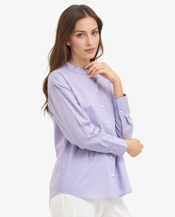 Purple Cotton Fabric Mandarin Collar Solid Shirt