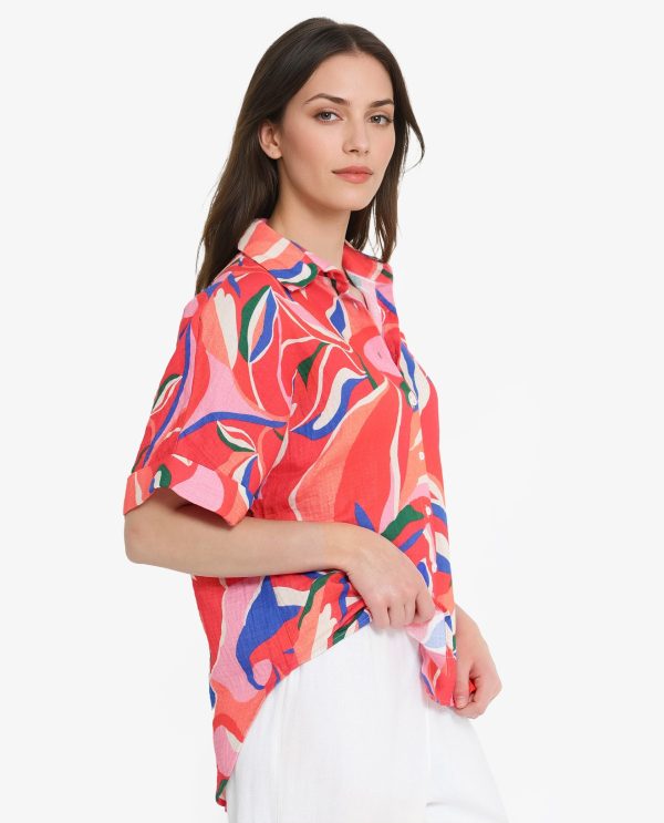 Multicolor Short Sleeve Tie-Up Neck Button Closure Abstract Print Shirt