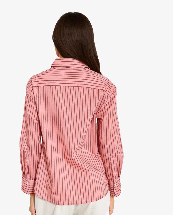 Pink Cuffed Sleeve Collared Neck  Narrow Stripes Shirt