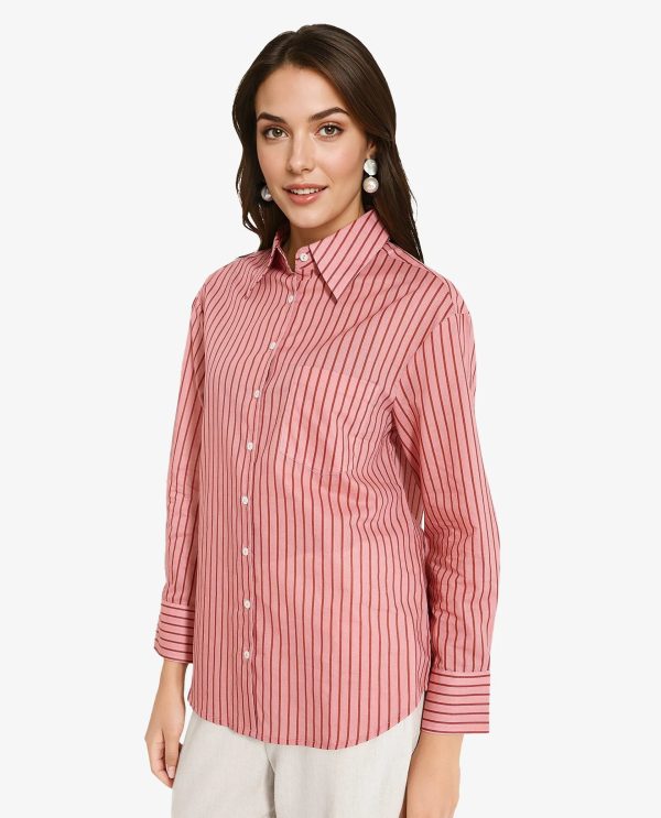 Pink Cuffed Sleeve Collared Neck  Narrow Stripes Shirt