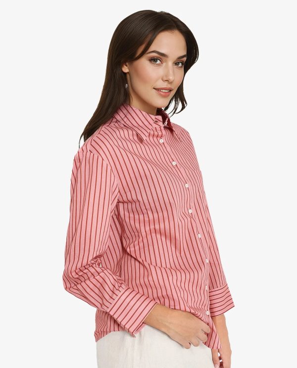 Pink Cuffed Sleeve Collared Neck  Narrow Stripes Shirt