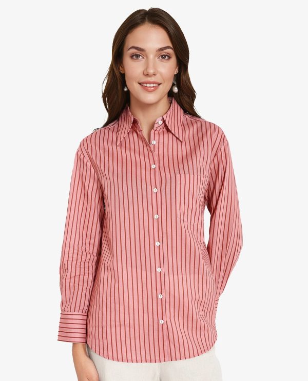 Pink Cuffed Sleeve Collared Neck  Narrow Stripes Shirt