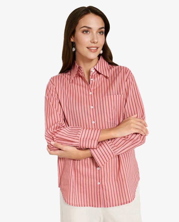 Pink Cuffed Sleeve Collared Neck  Narrow Stripes Shirt