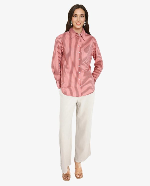 Pink Cuffed Sleeve Collared Neck  Narrow Stripes Shirt