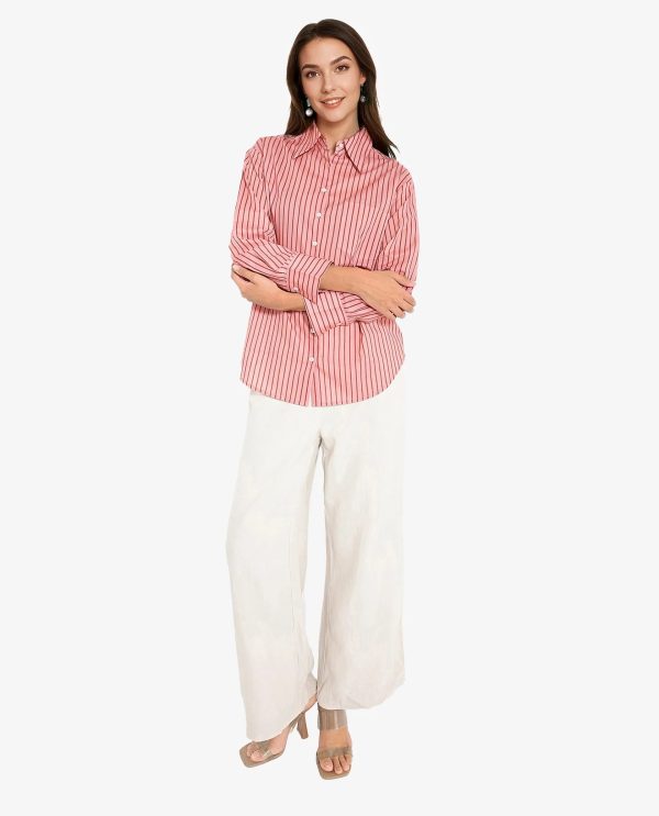 Pink Cuffed Sleeve Collared Neck  Narrow Stripes Shirt