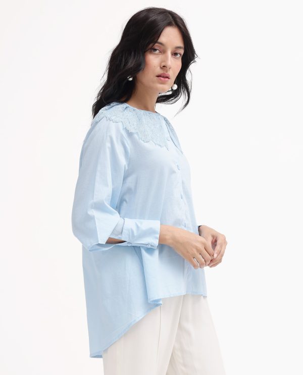 Light Blue Cotton Fabric Collared Neck Solid Regular Fit Shirt