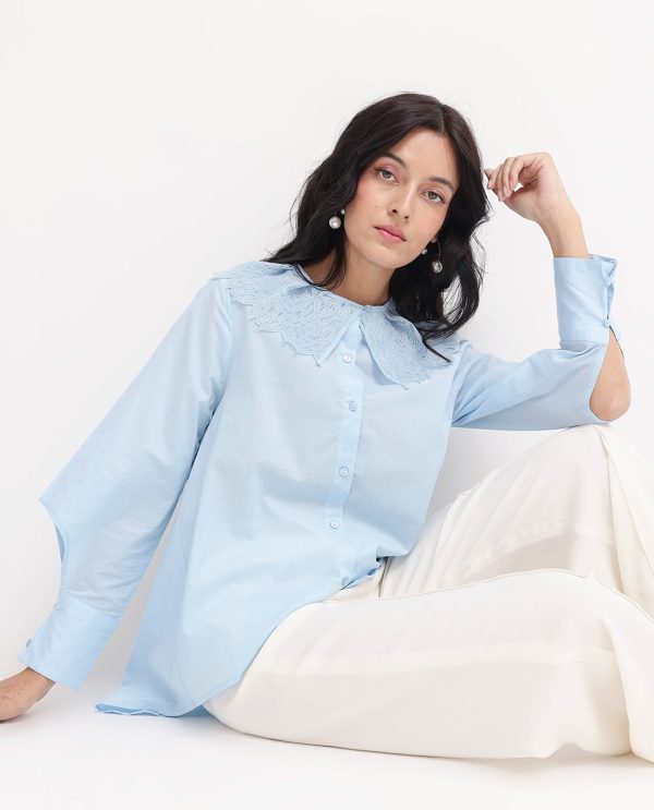 Light Blue Cotton Fabric Collared Neck Solid Regular Fit Shirt