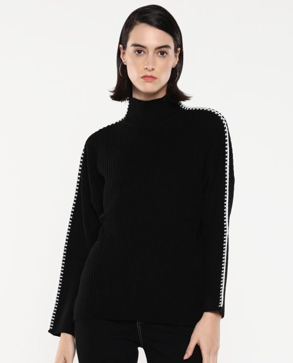 Black Acrylic Fabric Relaxed Fit Plain Sweater