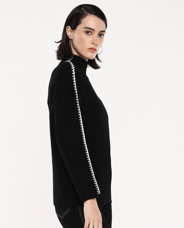 Black Acrylic Fabric Relaxed Fit Plain Sweater