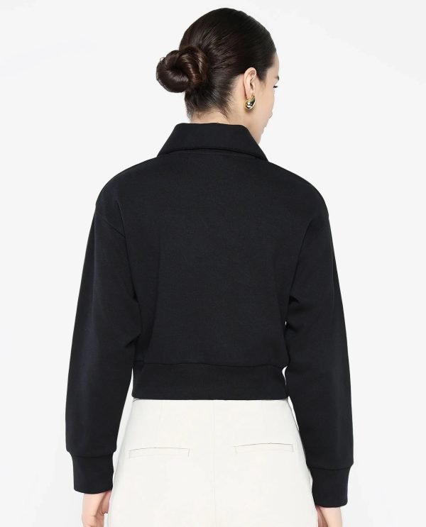 Black Cotton Blend Fabric Full Sleeve Collared Neck Relaxed Fit Cropped Plain Sweatshirt
