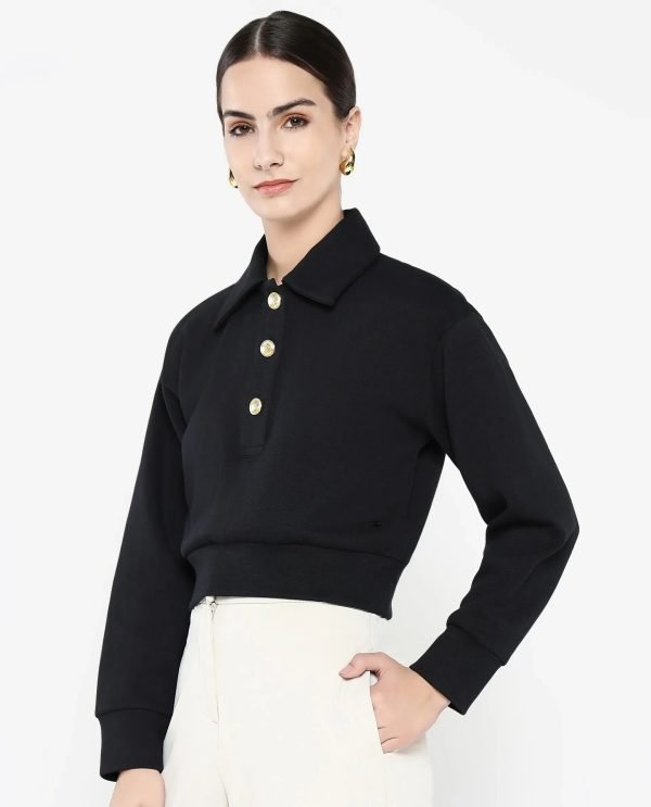 Black Cotton Blend Fabric Full Sleeve Collared Neck Relaxed Fit Cropped Plain Sweatshirt