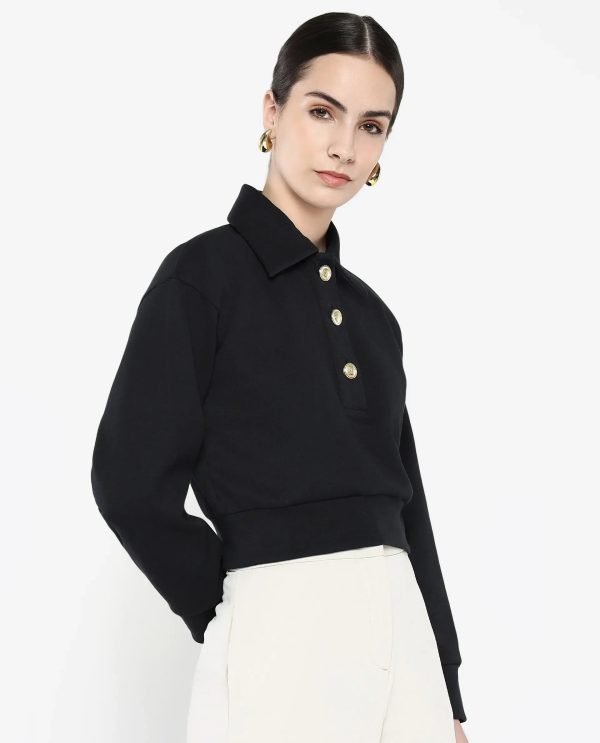 Black Cotton Blend Fabric Full Sleeve Collared Neck Relaxed Fit Cropped Plain Sweatshirt