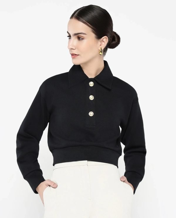 Black Cotton Blend Fabric Full Sleeve Collared Neck Relaxed Fit Cropped Plain Sweatshirt