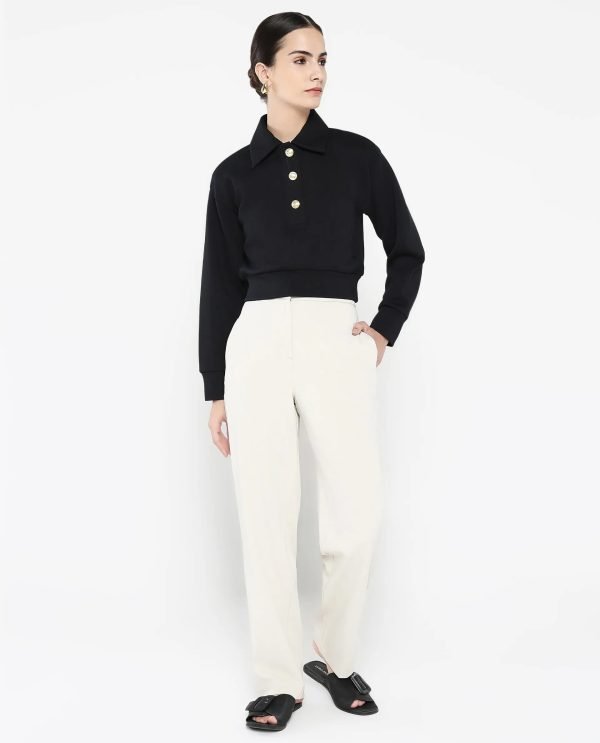 Black Cotton Blend Fabric Full Sleeve Collared Neck Relaxed Fit Cropped Plain Sweatshirt