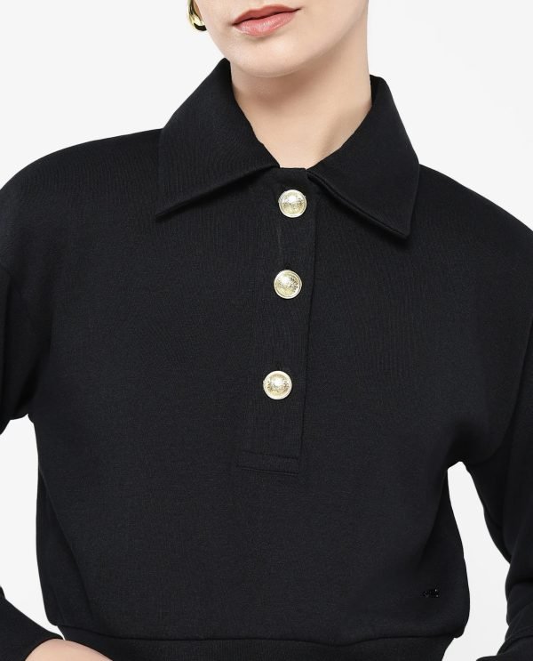 Black Cotton Blend Fabric Full Sleeve Collared Neck Relaxed Fit Cropped Plain Sweatshirt