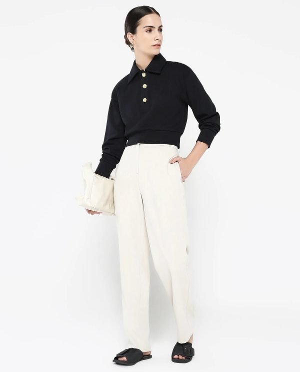 Black Cotton Blend Fabric Full Sleeve Collared Neck Relaxed Fit Cropped Plain Sweatshirt