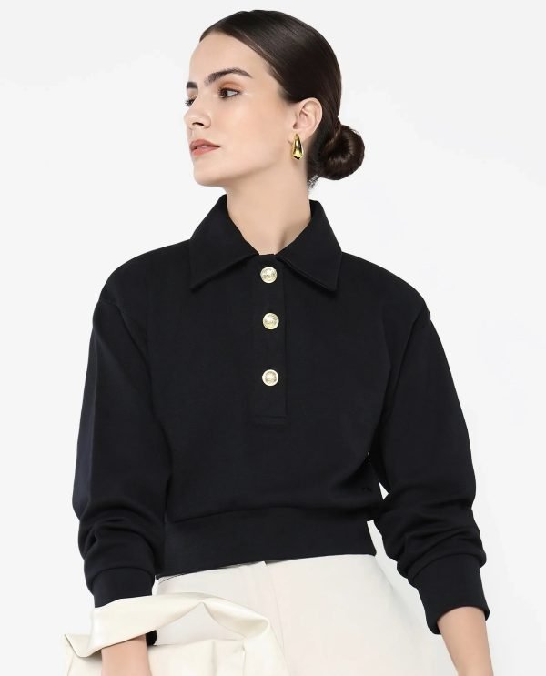 Black Cotton Blend Fabric Full Sleeve Collared Neck Relaxed Fit Cropped Plain Sweatshirt