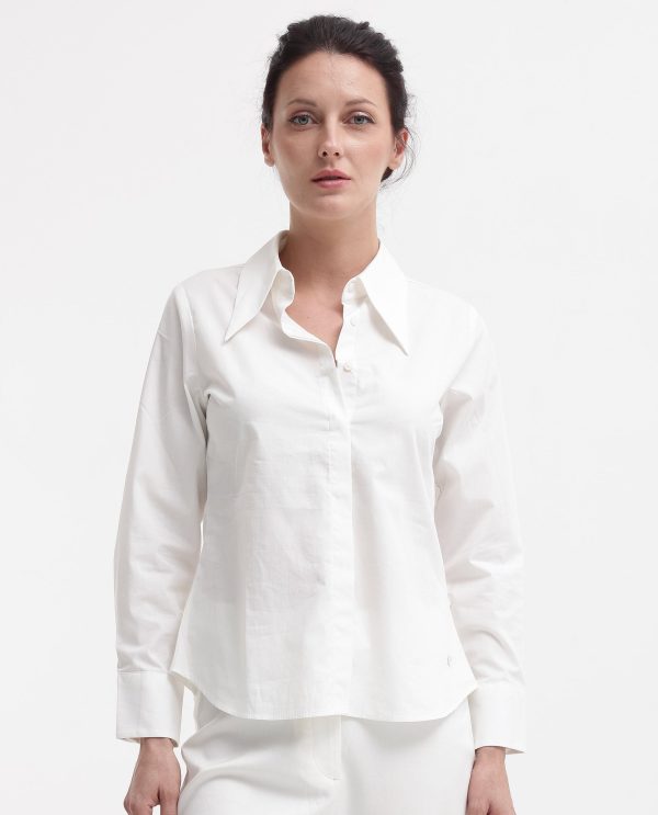 White Cuffed Sleeve Collared Neck Plain Top