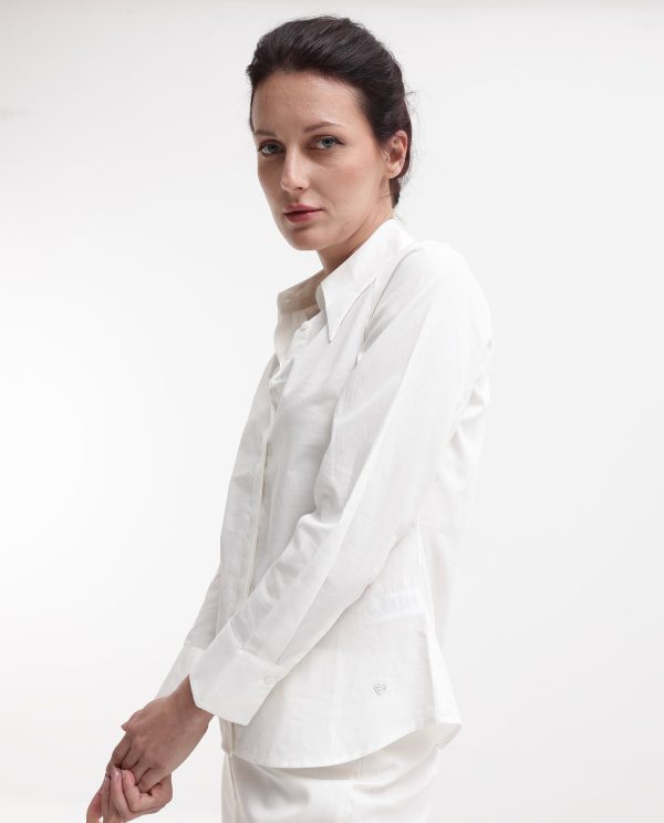 White Cuffed Sleeve Collared Neck Plain Top