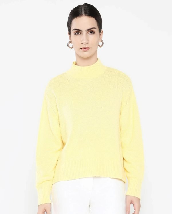 Vevina Yellow Oversized Fit Plain Sweater