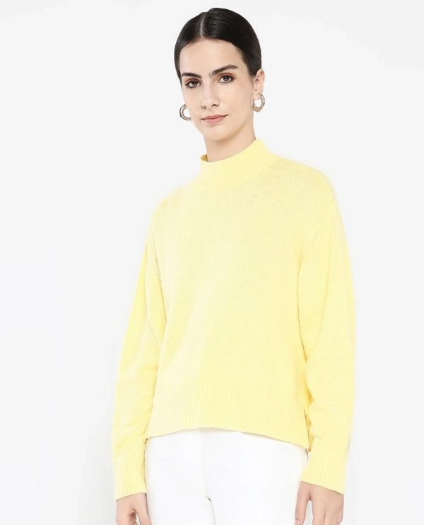 Vevina Yellow Oversized Fit Plain Sweater