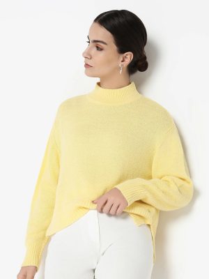 Vevina Yellow Oversized Fit Plain Sweater