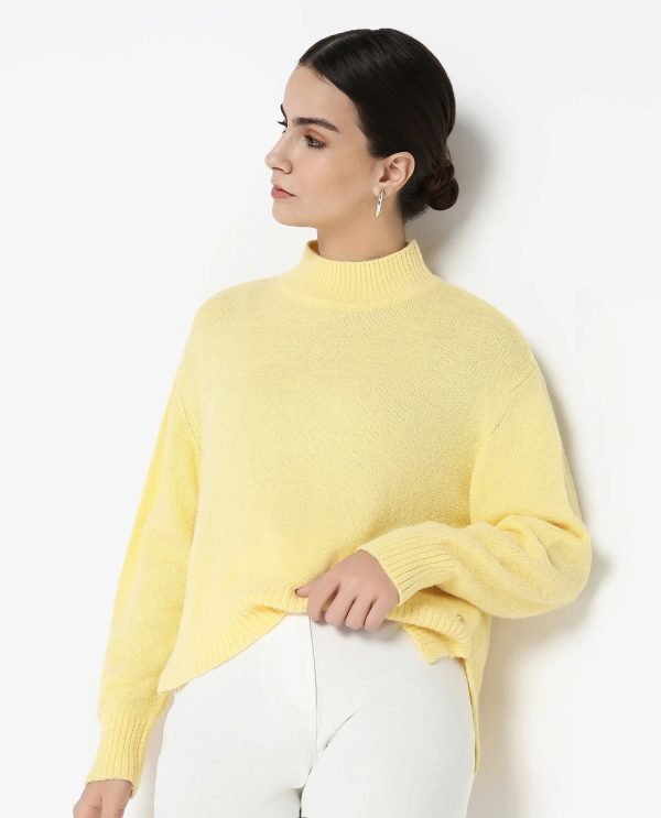 Vevina Yellow Oversized Fit Plain Sweater