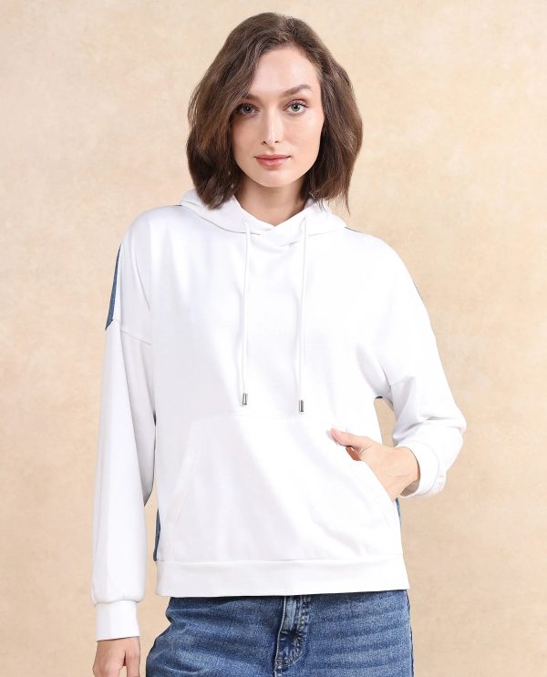 White Cotton Blend Fabric Full Sleeve Hooded Relaxed Fit Plain Sweatshirt