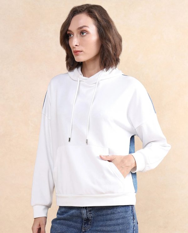 White Cotton Blend Fabric Full Sleeve Hooded Relaxed Fit Plain Sweatshirt