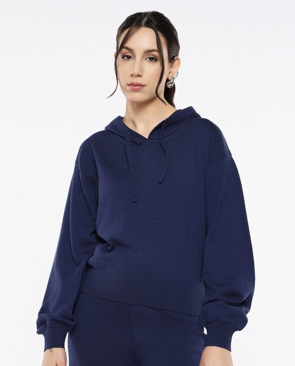 Navy Plain Hooded Plain Sweater