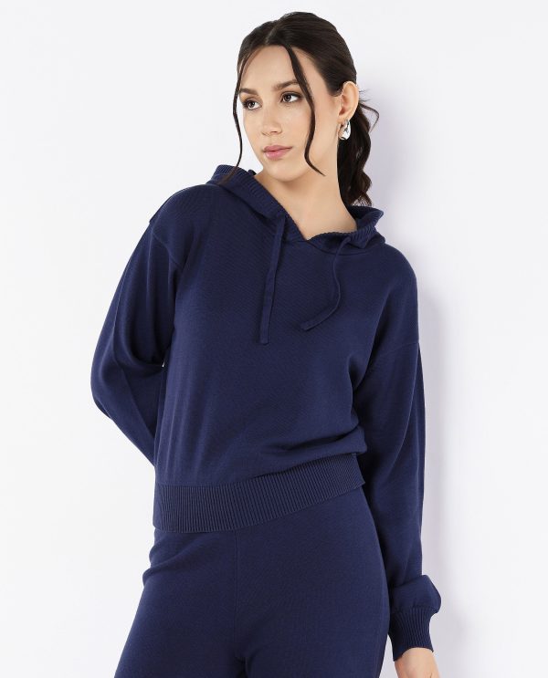 Navy Plain Hooded Plain Sweater