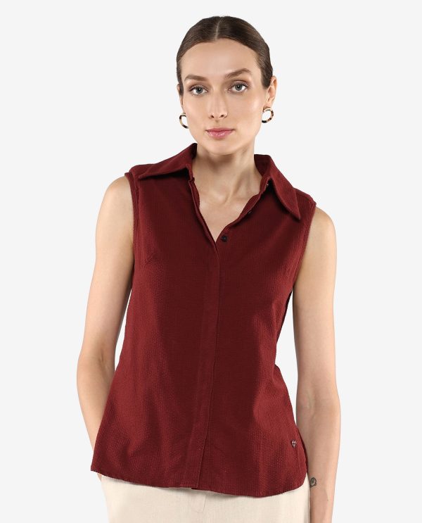 Brown Sleeveless Collared Neck Plain Shirt