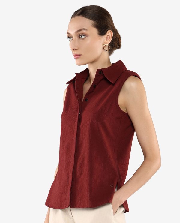 Brown Sleeveless Collared Neck Plain Shirt