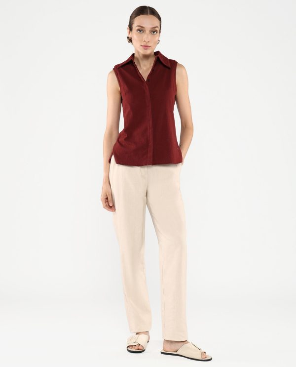 Brown Sleeveless Collared Neck Plain Shirt