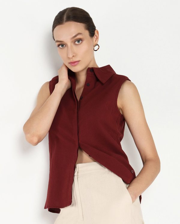 Brown Sleeveless Collared Neck Plain Shirt