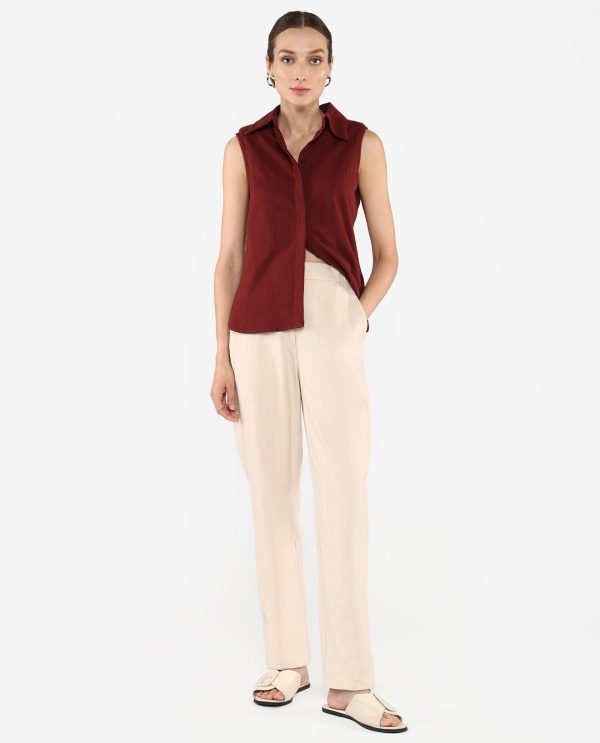 Brown Sleeveless Collared Neck Plain Shirt