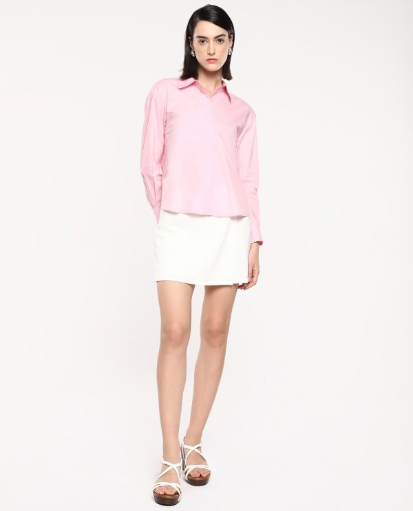 Pink Cuffed Sleeve Collared Neck Button Closure Plain Shirt