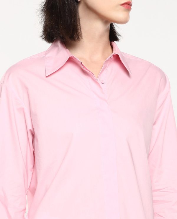 Pink Cuffed Sleeve Collared Neck Button Closure Plain Shirt