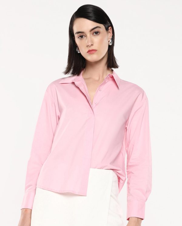 Pink Cuffed Sleeve Collared Neck Button Closure Plain Shirt