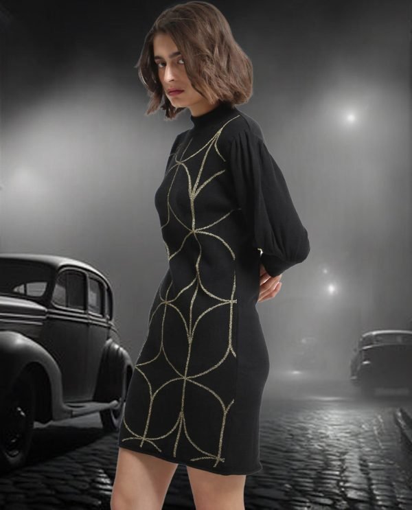 Whisper Black Viscose Fabric 3/4Th Sleeves Turtle Neck Balloon Sleeve Regular Fit Geometric Print Knee Length Sweater